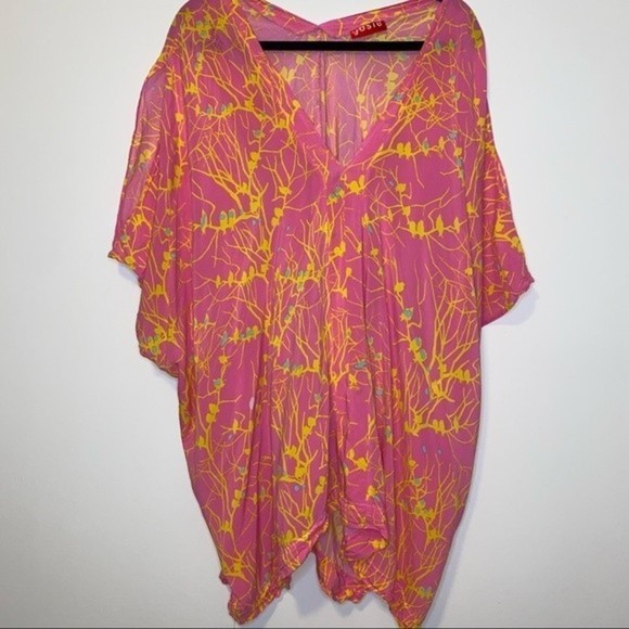 Josie by Natori Pink Yellow  Hippie Batik Kaftan Oversized Effortless Tunic L - Picture 2 of 8